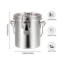 Stainless steel canister with dimensions and features on a white background