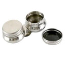 Three metallic containers of different sizes on a white background