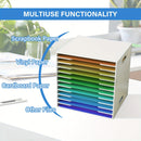 Colorful paper organizer with labeled sections on a desk