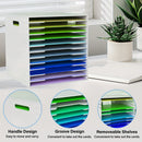 Colorful card organizer with handle, groove, and removable shelves on a desk.