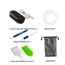 Collection of diamond painting tools including a vacuum pump, silicone tube, pens, sorting trays, and a storage bag on a white background.