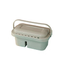 Green and beige compost bin with a handle on a white background