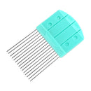 Turquoise comb with metal teeth on a white background