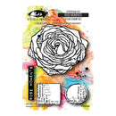 Rose-themed stamp set with colorful background and visible brand name.