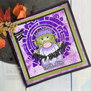 Halloween-themed card with a green monster design on a purple background