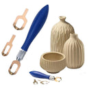 Ceramic tools and finished ceramic pieces on a white background