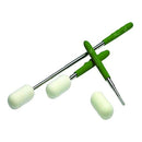 Green and silver tool with three white foam感触器 on a white background
