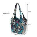 Floral patterned tote bag with measurements and weight displayed