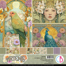 Artistic paper pad with designs of a parrot, peacock, and floral patterns.