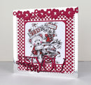 Card with teddy bear design and decorative elements on a white background