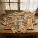 Wooden placemats with a 'Plank' brand label on a rustic wooden table.