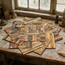 Collection of wooden placemats with 'Plank' branding on a rustic wooden table.