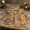 Wooden placemats with 'Plank' branding on a rustic wooden table.