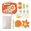 Crochet kit with yarn, hooks, and a clear case on a white background