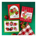 Three cards with strawberry designs on a green background with strawberries and a checkered cloth.