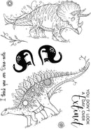 Two stylized dinosaurs with decorative elements and text on a white background