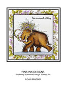 Card with a mammoth design and floral elements, featuring 'Pink Ink Designs' and 'Susan Bradley'.
