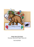 Card with elephant design and text 'Have a woolly great birthday' by Pink Ink Designs, featuring the 'Mammoth Hugs' stamp set by Suzi Jackson.