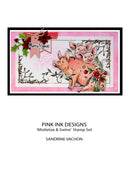 Card with pigs, mistletoe, and flowers on a pink background with 'Merry Christmas' text, featuring Pink Ink Designs stamp set.