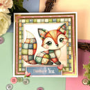 Colorful patchwork fox card with 'Thinking of You' message on a decorative background.