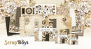 Collection of scrapbooking elements with floral and vintage design on a light background, featuring the brand 'Scrap Boys'.