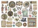 Collection of vintage-themed illustrations including clocks, flowers, and architectural elements.