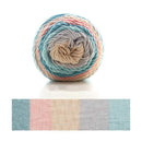 Multicolored skein of yarn with a knitted swatch below on a white background