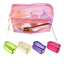 Pink transparent pouch with sewing supplies and four colorful small pouches on a white background