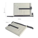 Paper cutter with dimensions labeled on a white background