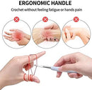 Ergonomic crochet hook with text highlighting comfort and pain relief.