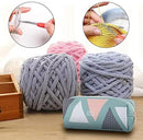 Two balls of yarn with a carrying case on a wooden surface, accompanied by close-up insets of knitting tools.