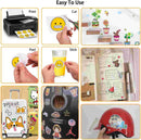 Collage of images showing the process of using printed stickers, including printing, cutting, peeling, sticking, and applying to various objects.