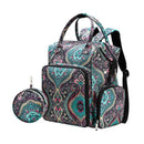 Patterned backpack and coin purse set on a white background