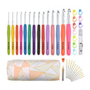 Set of crochet hooks with colorful handles and measurement chart on a white background