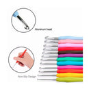 Set of colorful crochet hooks with an inset showing an aluminum head and non-slip design.