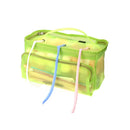 Green transparent bag with colorful straps on a white background