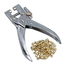 Metal eyelet plier with gold eyelets on a white background