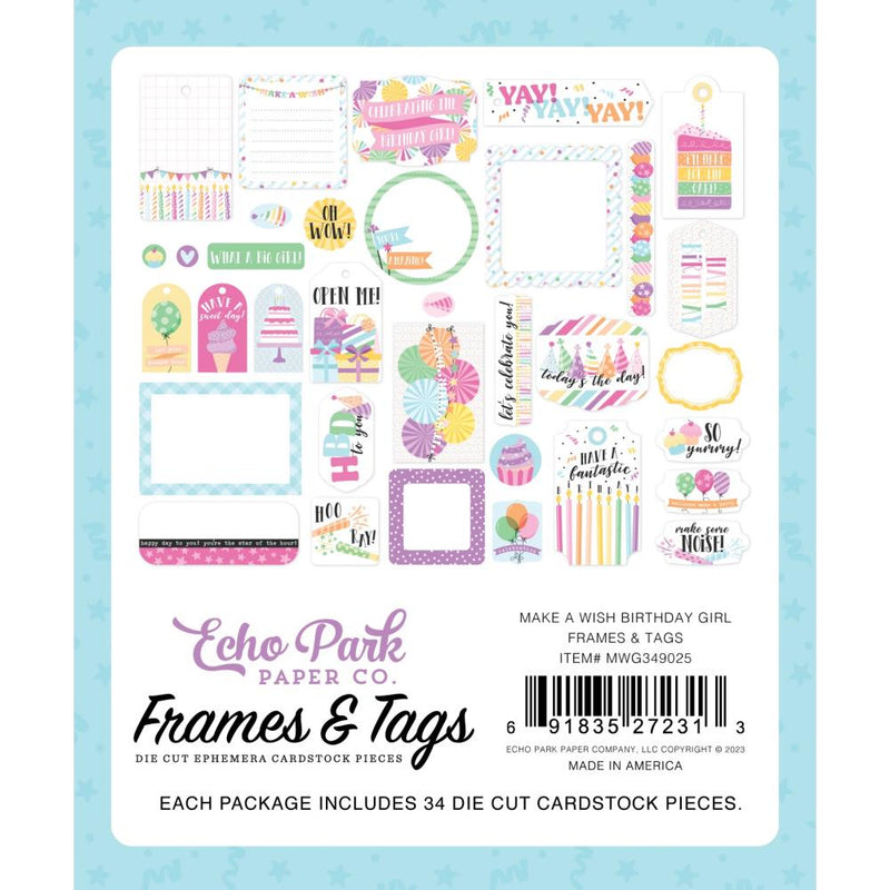 Echo Park Cardstock Ephemera 34/Pkg Frames & Tags, Make A Wish Birthday Girl