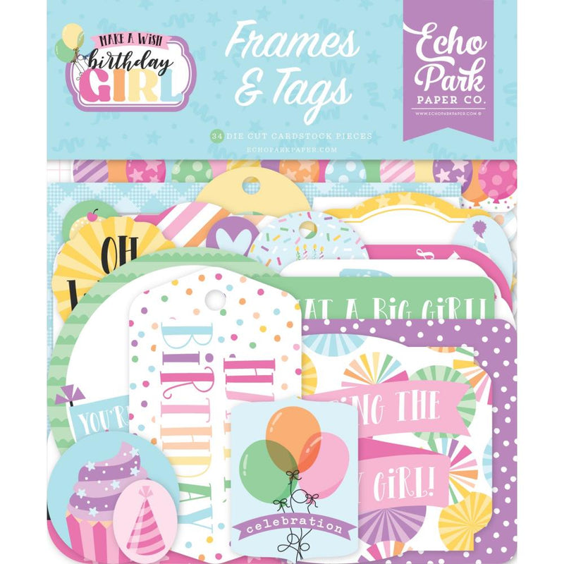 Echo Park Cardstock Ephemera 34/Pkg Frames & Tags, Make A Wish Birthday Girl