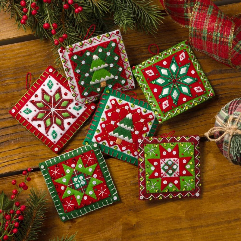 Bucilla Felt Ornaments Applique Kit Set Of 6 Holiday Quilt Squares