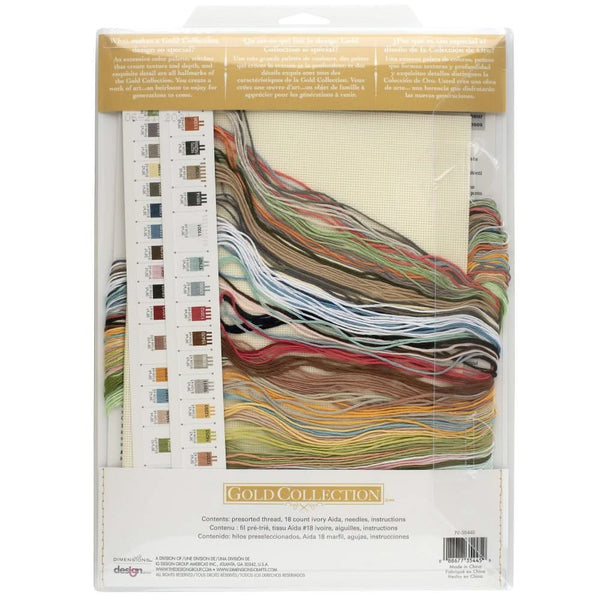 Packaged embroidery kit with color swatch and fabric sample on a white background