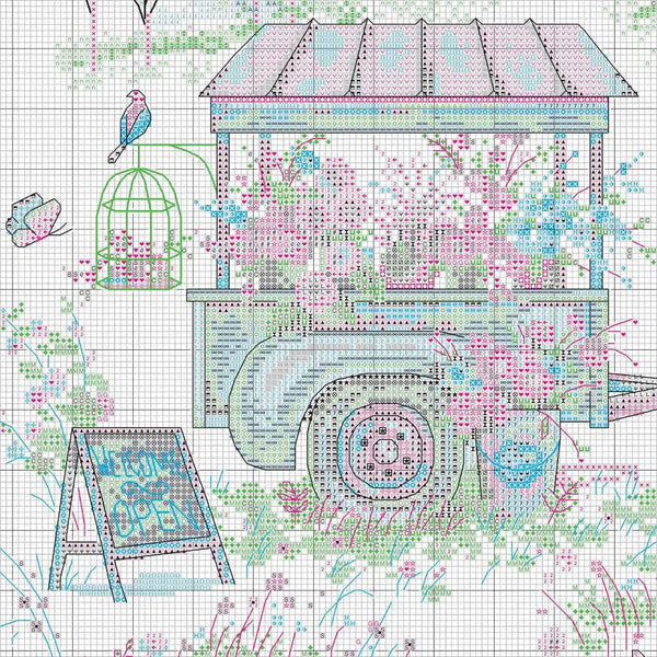 Colorful cross-stitch pattern of a vintage ice cream cart with flowers and birds.