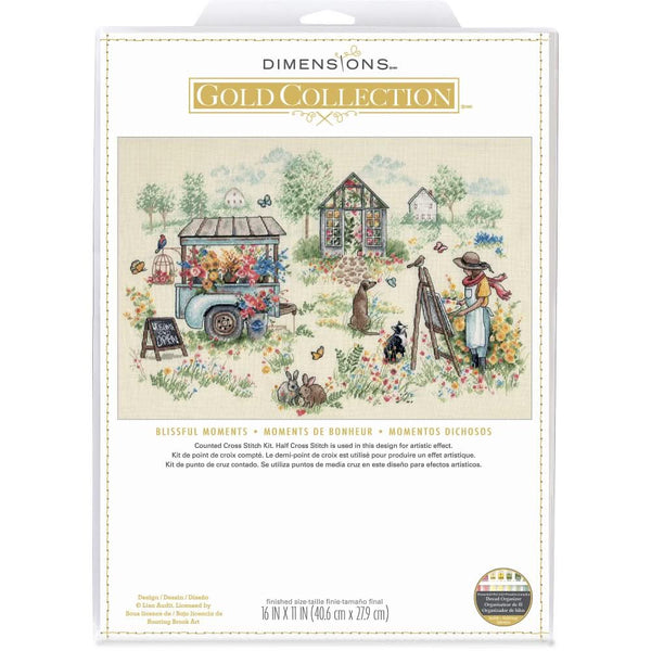 Dimensions Gold Collection cross stitch kit packaging with garden scene illustration