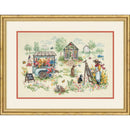 Framed artwork of a garden scene with a cart, greenhouse, and people in a decorative frame.