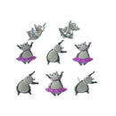 Set of cartoonish animal characters with pink skirts on a white background