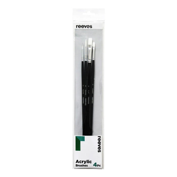 Reeves Acrylic Brushes Long Handled Set of 4 - No. 2 & 6 Round; No. 6 Flat; No. 3 Filbert