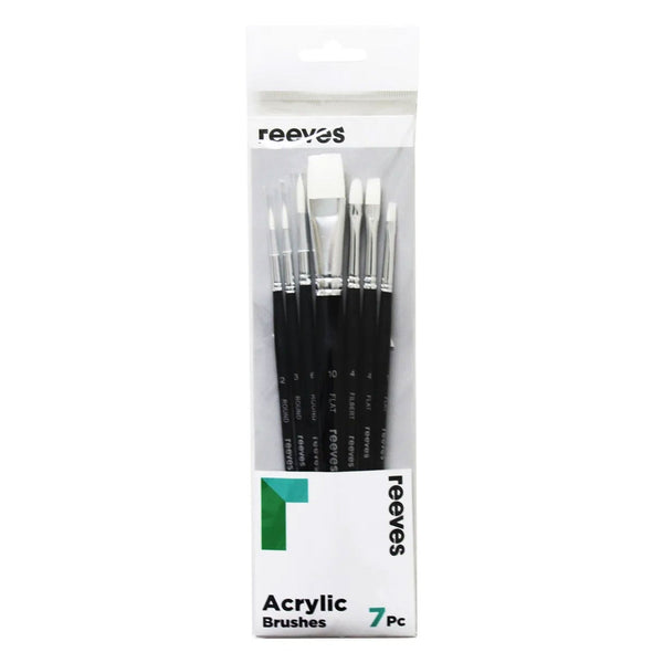 Reeves Acrylic Brushes Short Handle Set of 7 - No. 2, 3 & 6 Round; No. 1, 4 & 10 Flat; No. 4 Filbert