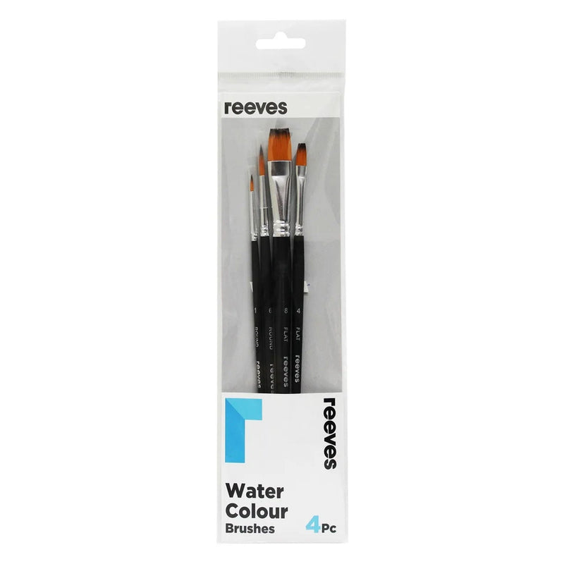 Reeves Water Colour Brushes Short Handle Set of 4 - No. 1 & 6 Round; No. 4 & 8 Flat*