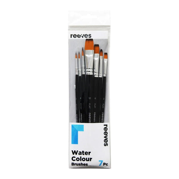 Reeves Water Colour Brushes Short Handle Set of 7 - No. 2, 4, & 6 Round; No. 2, 6 & 10 Flat; No. 4 Filbert