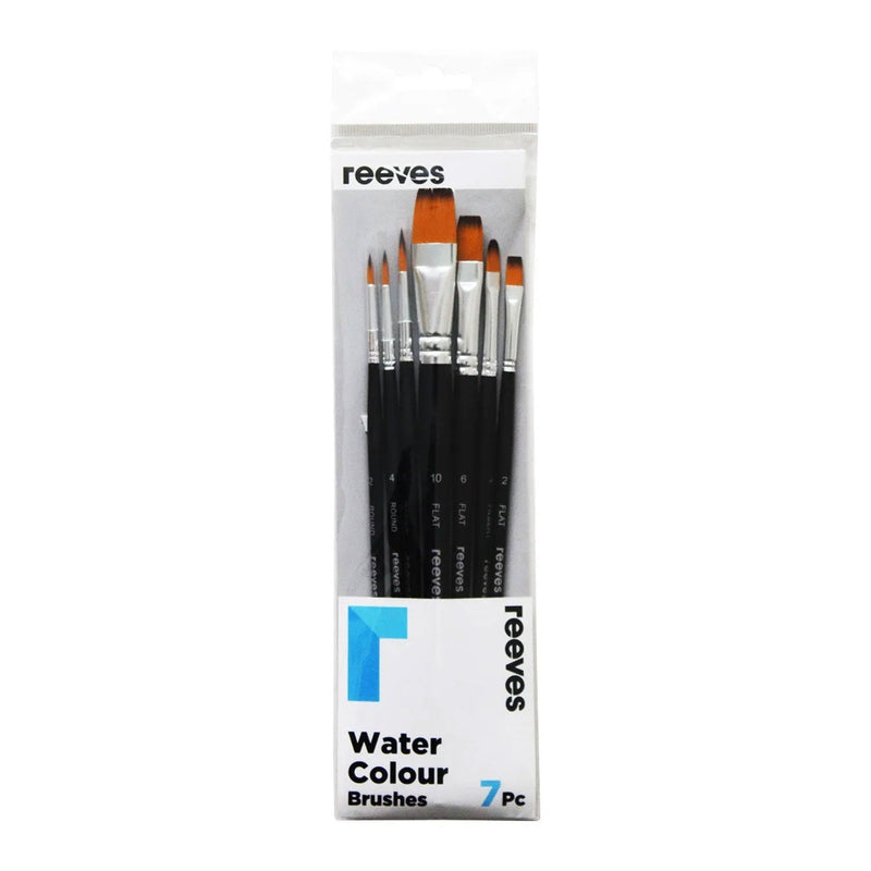 Reeves Water Colour Brushes Short Handle Set of 7 - No. 2, 4, & 6 Round; No. 2, 6 & 10 Flat; No. 4 Filbert*